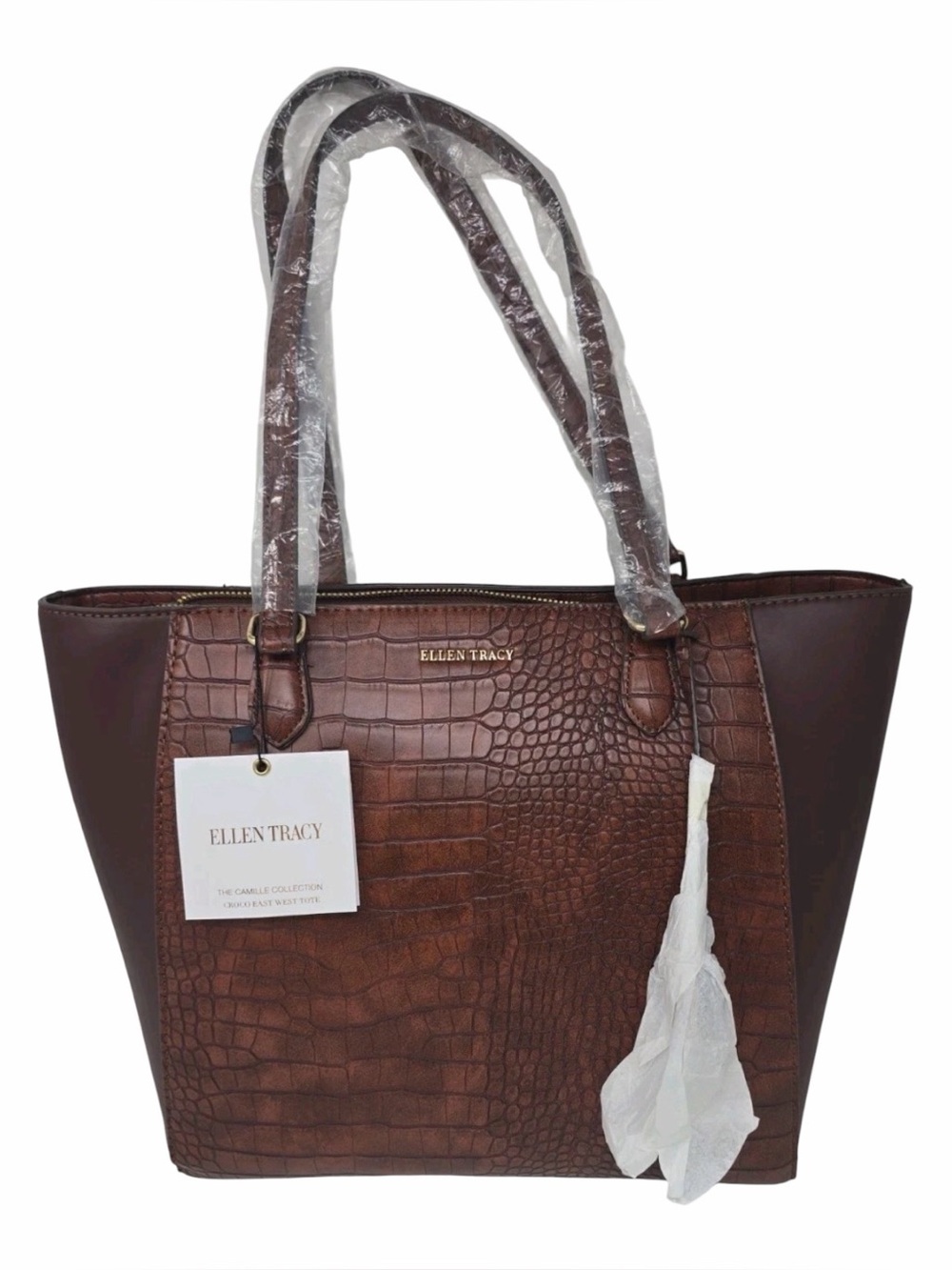 Ellen Tracy Camille Collection Croco East West Bag Tote Brown Style ETH1436 NWT